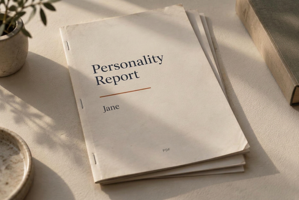 A stapled Personality Report for Jane resting on a desk, gathering dust